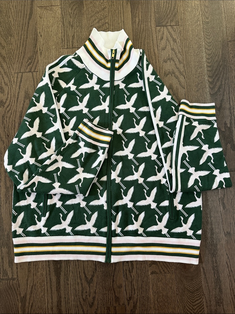 Fore All Crane Print Knit Full Zip Golf Jacket Sweater Green White XXL⁠